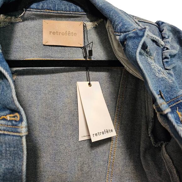 Retrofete Ada Puff Sleeve Pad Shoulder Denim Jean Jacket Small Worn Vintage Blue - Picture 4 of 13